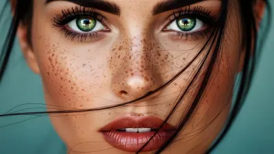 Woman with Freckles and Green Eyes featuring Dark Hair Strands