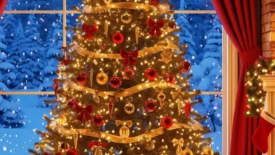 Christmas Tree with Presents and Red Curtains in Snowy Night