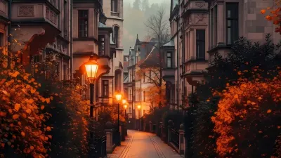Autumn Street with Cobblestone Path and Historic European Architecture