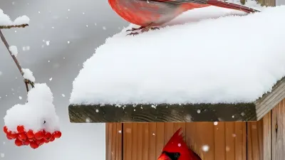 Cardinals on a Snow Covered Birdhouse in Winter Snowfall
