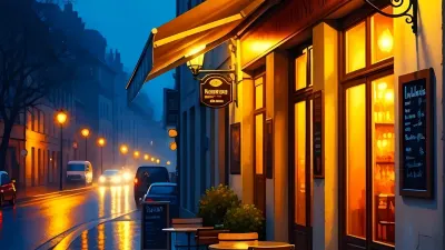 Cozy Cafe Ambiance with Warm Lighting on a Rainy Evening