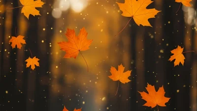 Falling Maple Leaves with Bokeh Lights in an Autumn Forest
