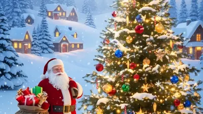 Santa Claus with Presents and Christmas Tree in Snowy Landscape