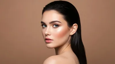 Woman with Glossy Hair and Makeup in Studio Lighting