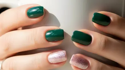 Woman's Hands Holding Mug with Emerald Green and Glitter Nail Polish