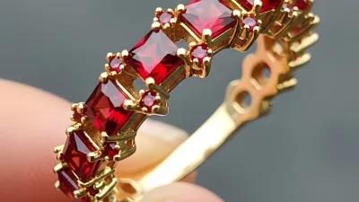 Golden Ring featuring Square Red Garnets held in Hand