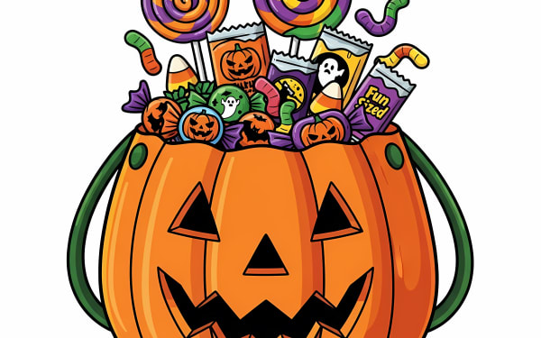 A vibrant Halloween vector illustration of a friendly Jack-o'-lantern bucket brimming with colorful candies and sweets.
