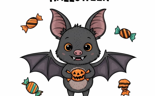 Adorable cartoon Halloween bat holding a jack-o'-lantern, surrounded by festive candies.