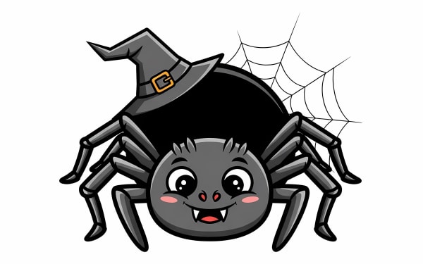 Discover this adorable Halloween spider vector illustration, complete with a witch hat and friendly smile. Perfect for spooky season designs.