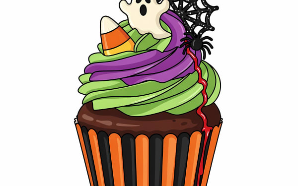 A fun Halloween cupcake vector featuring a spooky ghost, spiderweb, candy corn, and blood drip on green and purple frosting.