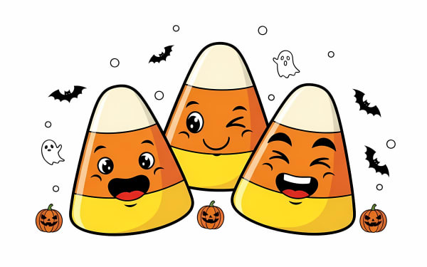Discover this charming free vector illustration featuring three happy, winking, and laughing candy corn characters.