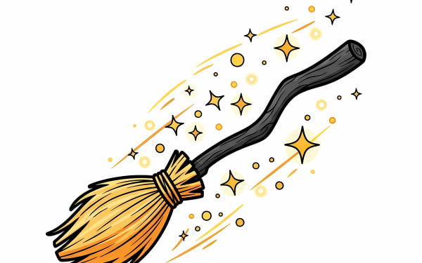 Discover a vibrant, sparkling witch's broom vector, perfect for Halloween, magic, and fantasy designs.