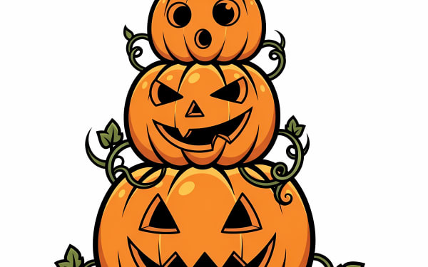 Explore this vibrant free vector illustration of a stacked Halloween pumpkin tower. Perfect for festive holiday designs and autumn themes.