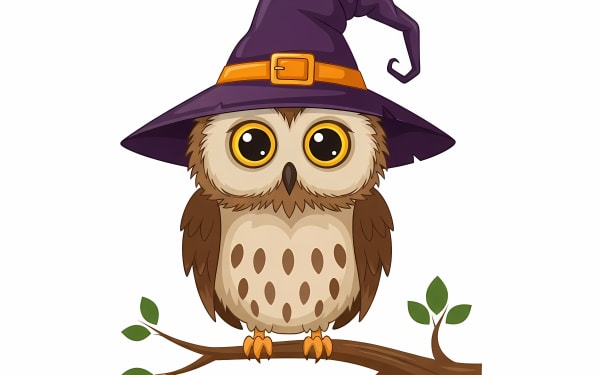Discover this enchanting free vector illustration of a cute cartoon owl wearing a purple witch hat, perched on a branch.