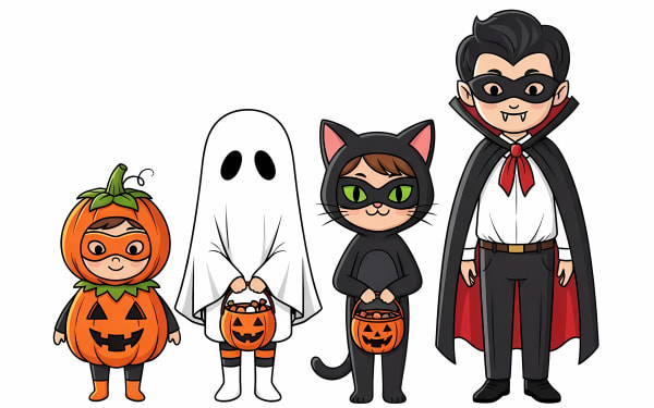 Discover an adorable free vector featuring kids in classic Halloween costumes: pumpkin, ghost, cat, and vampire.