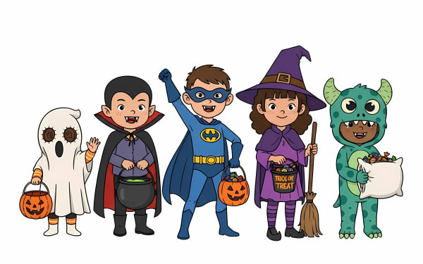 Adorable cartoon children in a variety of Halloween costumes, ready for trick-or-treating. Perfect for your holiday design projects.