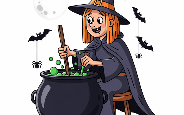 A charming cartoon witch stirs a bubbling green potion in her cauldron under a full moon, surrounded by playful bats and spiders.