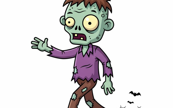 A friendly cartoon zombie character in a Halloween theme, perfect for spooky season designs. Features green skin, torn clothes, and cute details.
