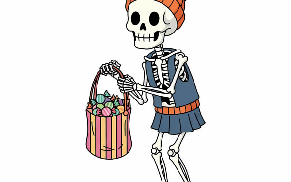 Discover a charming cartoon skeleton in a beanie and skirt, holding a bag of Halloween candy.