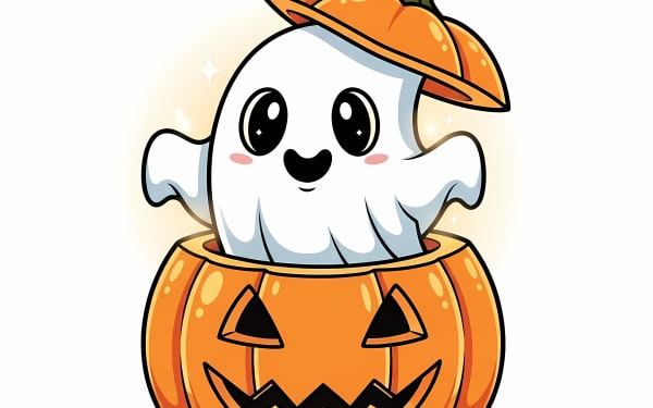 Discover this adorable ghost popping out of a cheerful jack-o'-lantern! Perfect for Halloween designs, kids' projects, and festive decorations.
