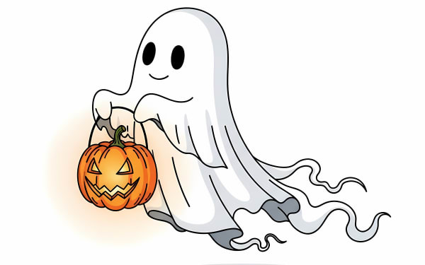 A charming cartoon ghost floats happily, holding a glowing Jack-o'-lantern.