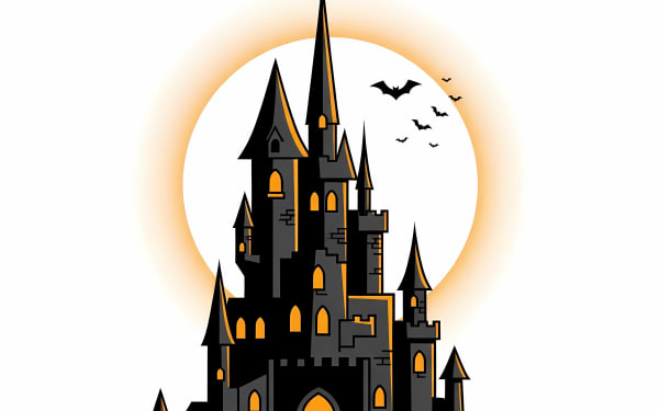 Dive into the spooky season with this haunted castle vector featuring glowing windows, flying bats, and a radiant full moon.