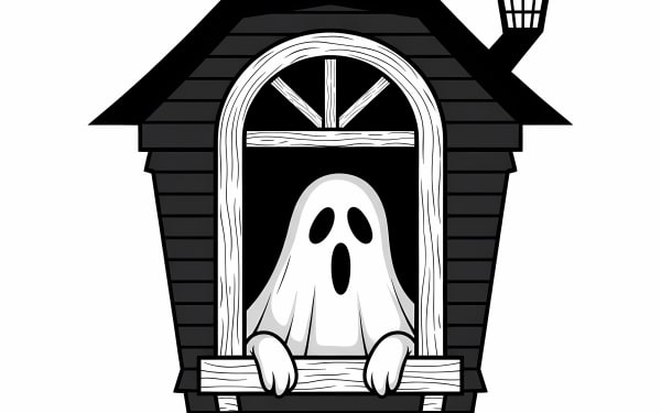 A charming cartoon ghost peeking from an attic window in a classic spooky house. Perfect Halloween vector for designs and decorations.