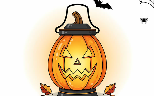 Download this festive Halloween free vector featuring a glowing jack-o'-lantern surrounded by autumn leaves, a bat, and spider web.
