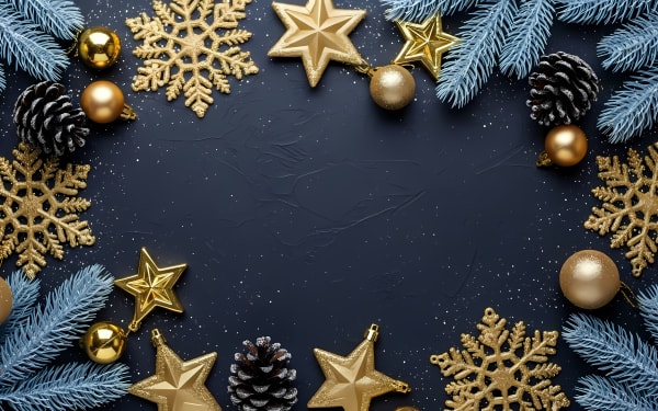Elevate your designs with this elegant Christmas background, featuring sparkling gold ornaments and frosted blue pine on a dark canvas.