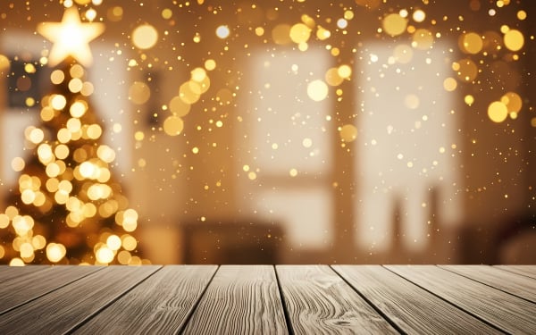 Download this festive golden Christmas bokeh background with sparkling lights and a rustic wooden table, perfect for holiday promotions.