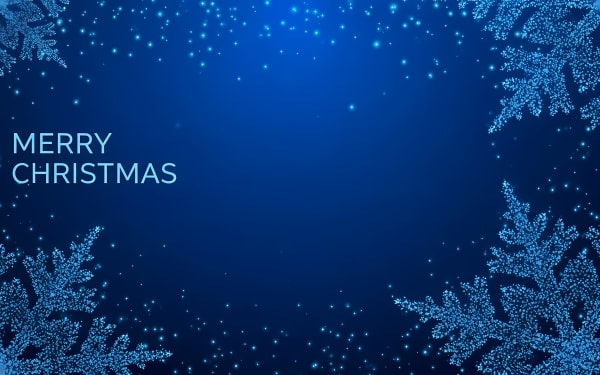 Download this free vector of a festive Merry Christmas background with glowing blue snowflakes and twinkling particles.