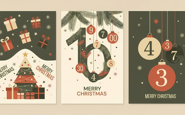 Three modern Christmas vector cards with advent countdowns, a festive tree, and gifts.