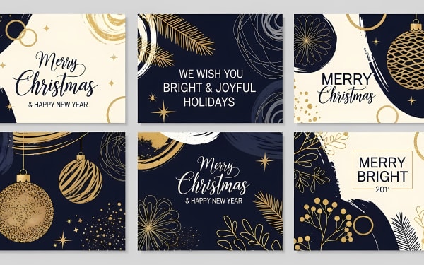 Download this elegant collection of Christmas and New Year greeting cards featuring modern designs, gold elements, and holiday wishes.