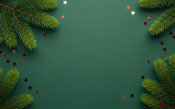 Elegant Christmas background featuring evergreen pine branches and festive star confetti on a dark green textured surface.