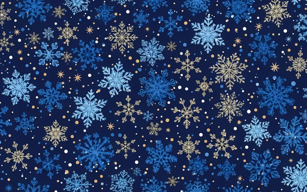 Discover a beautiful seamless pattern with festive blue and gold snowflakes on a dark blue background. Perfect for winter and holiday designs.