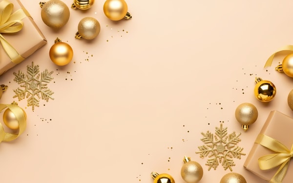 Elegant gold Christmas decorations, gifts, and ornaments frame a blank space on a peach background.