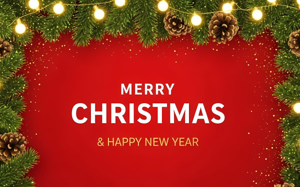 Download this festive Merry Christmas and Happy New Year vector background featuring pine branches, pinecones, and glowing fairy lights on a red 