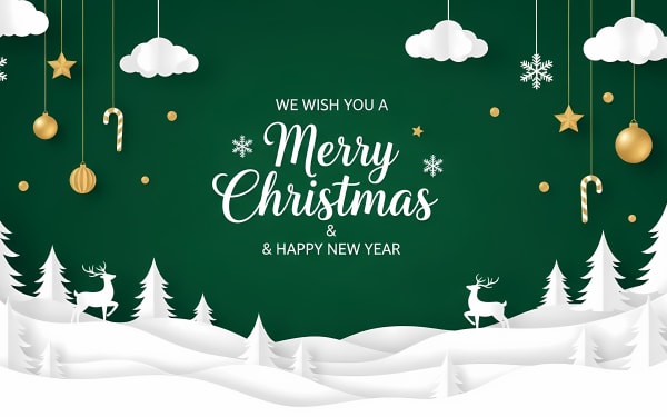 Festive paper cut Christmas and New Year vector background with snow, trees, deer, and ornaments on a dark green backdrop.