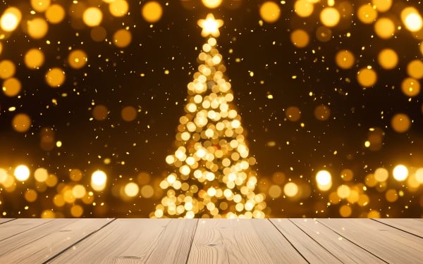 Festive golden bokeh Christmas tree background with sparkling lights and a rustic wooden table, perfect for holiday product displays or seasonal 