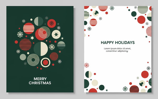 Download these modern geometric Christmas and holiday cards. Features abstract shapes, snowflakes, and festive colors.