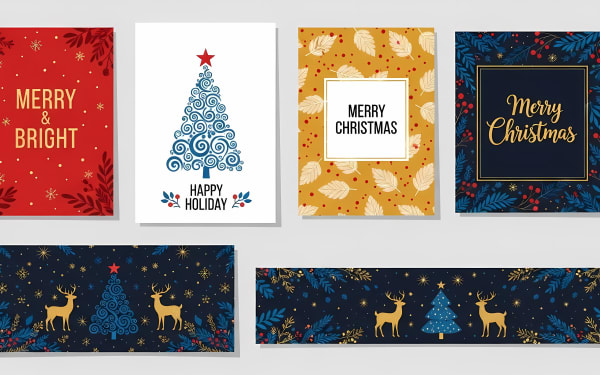 Collection of elegant Christmas and holiday vector cards and banners featuring festive designs with trees, reindeer, and botanicals.