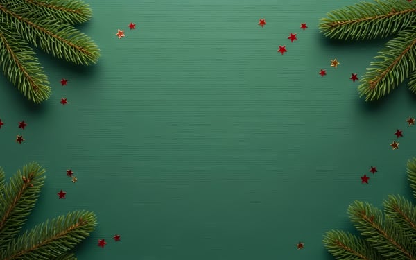 Festive Christmas background featuring lush green pine tree branches and scattered red and gold stars on a deep green textured surface.