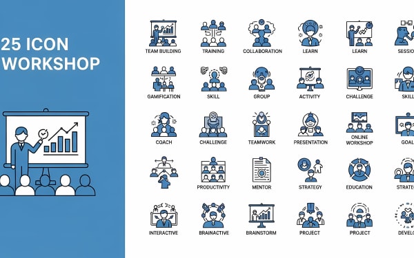Download this free vector icon set featuring 25 workshop, training, and business-related concepts.