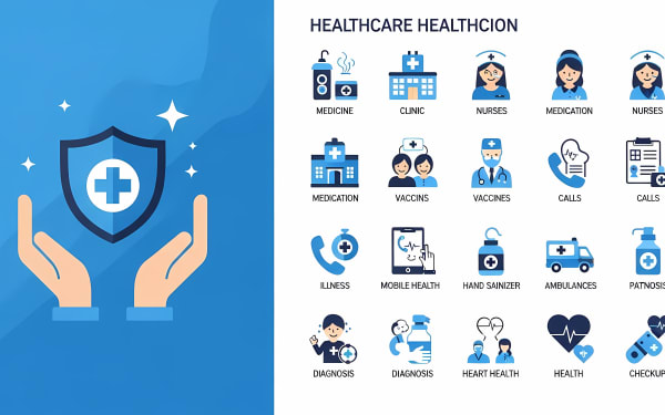 Comprehensive free vector set of healthcare and medical icons, including clinic, nurses, vaccines, diagnosis, and health protection.