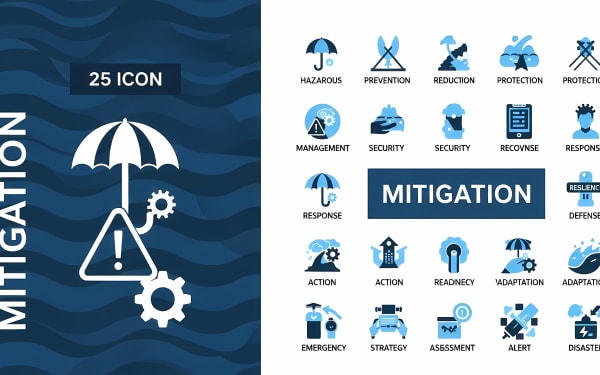 Comprehensive set of 25 flat vector icons for mitigation, disaster preparedness, and risk management.