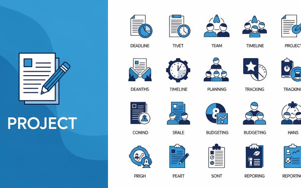A comprehensive set of blue and black line vector icons for project management, planning, team collaboration, deadlines, and reporting.