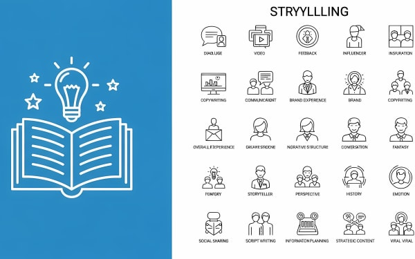 Explore a dynamic free vector featuring an open book and lightbulb for ideas, alongside a diverse icon set for storytelling, branding, and commun