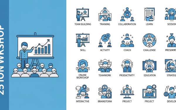 Download this versatile set of 25 flat-line workshop and business icons, perfect for presentations, reports, and educational materials.