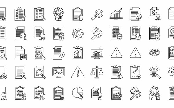 A comprehensive collection of outline icons for quality control, audit, inspection, documentation, and compliance.