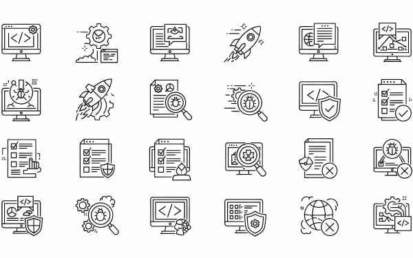 Download a free vector set of outline icons for software development, coding, testing, debugging, and cybersecurity projects.